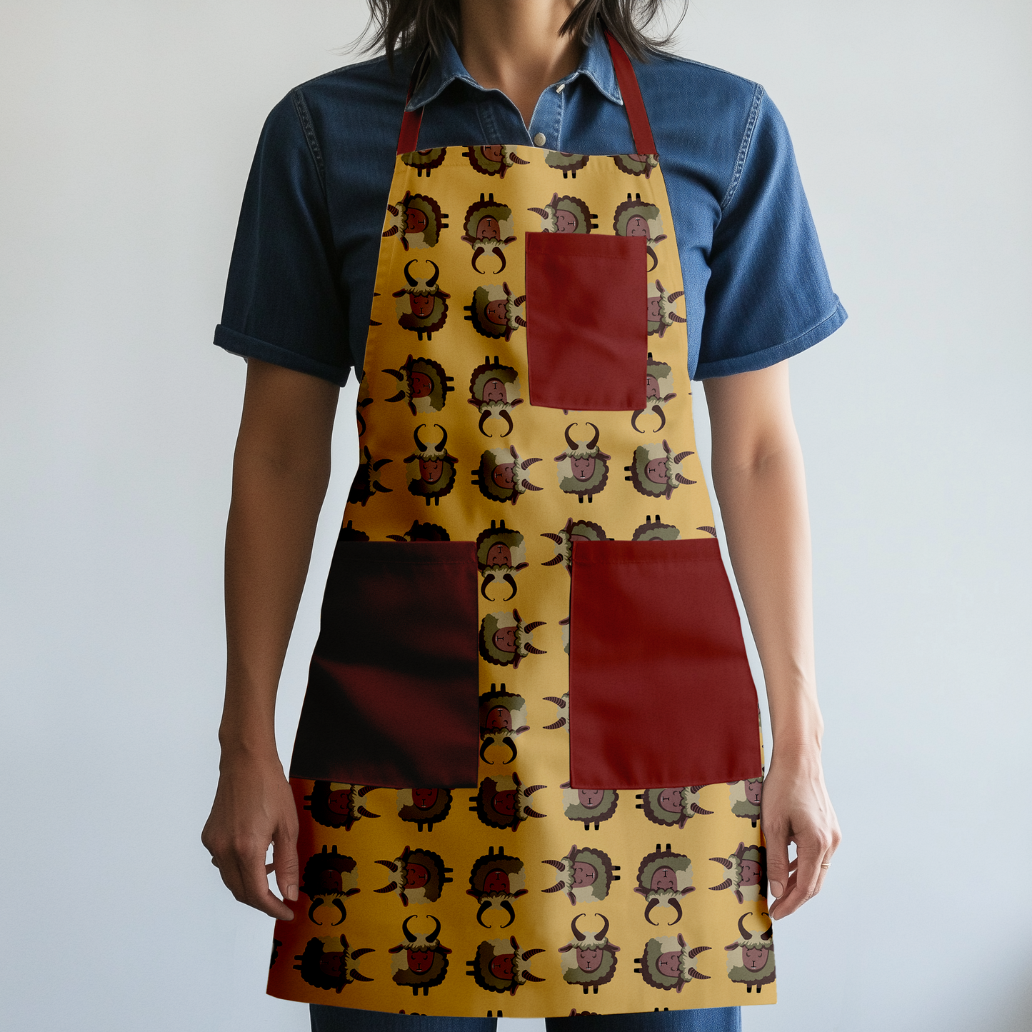 Krampus Full Chef Apron in Gold with Dark Red