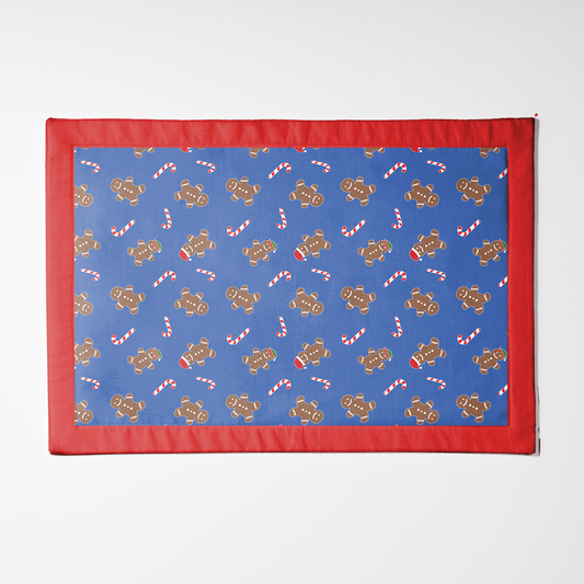 Gingerbread Dudes Placemat in Dark Blue with Light Red Border