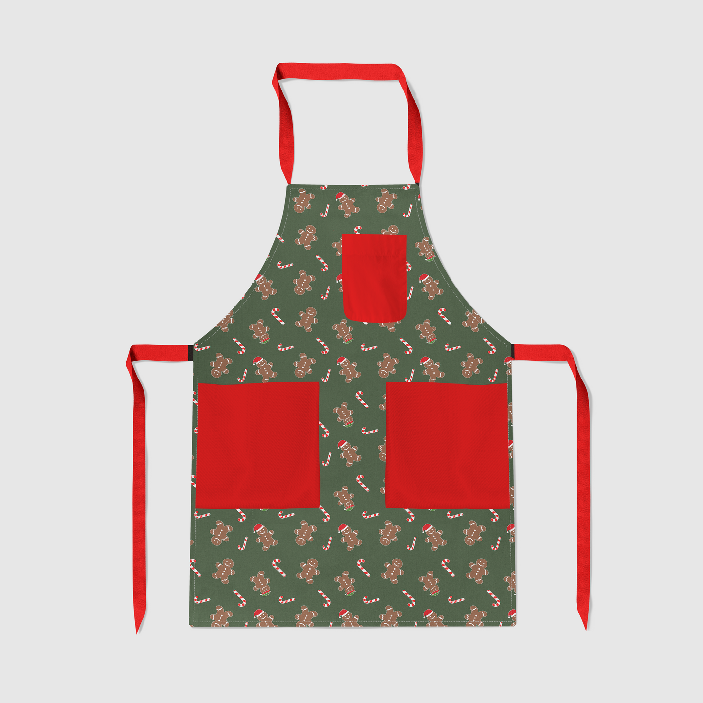 Gingerbread Dudes Full Chef Apron in Dark Green with Red