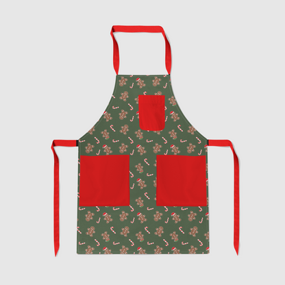 Gingerbread Dudes Full Chef Apron in Dark Green with Red