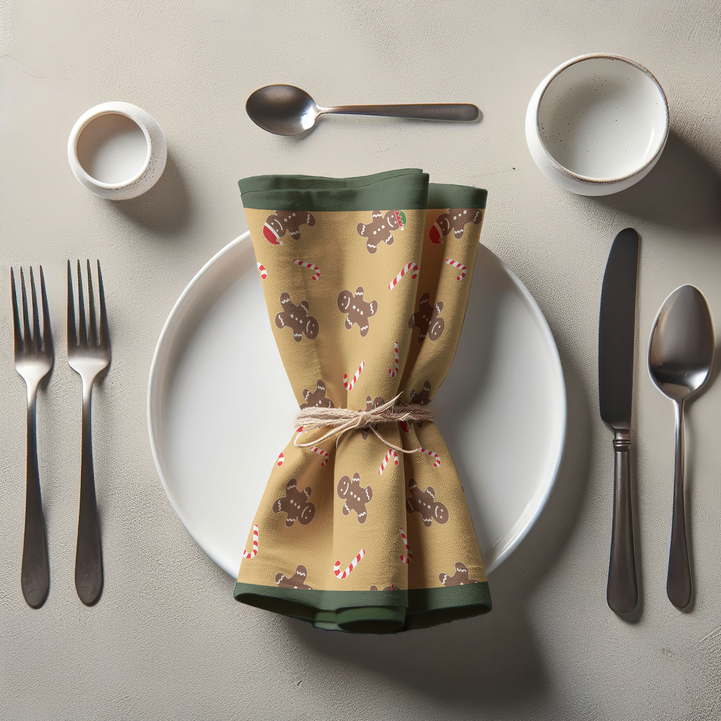 Gingerbread Dudes Napkin in Gold with Dark Green Border