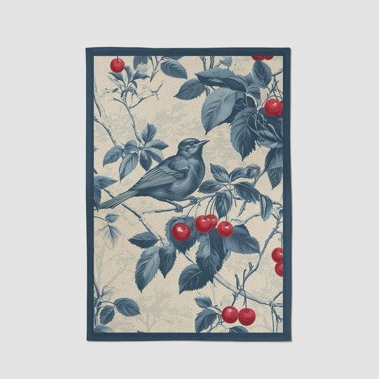 Nestled Cherries Tea Towel in Heritage Navy