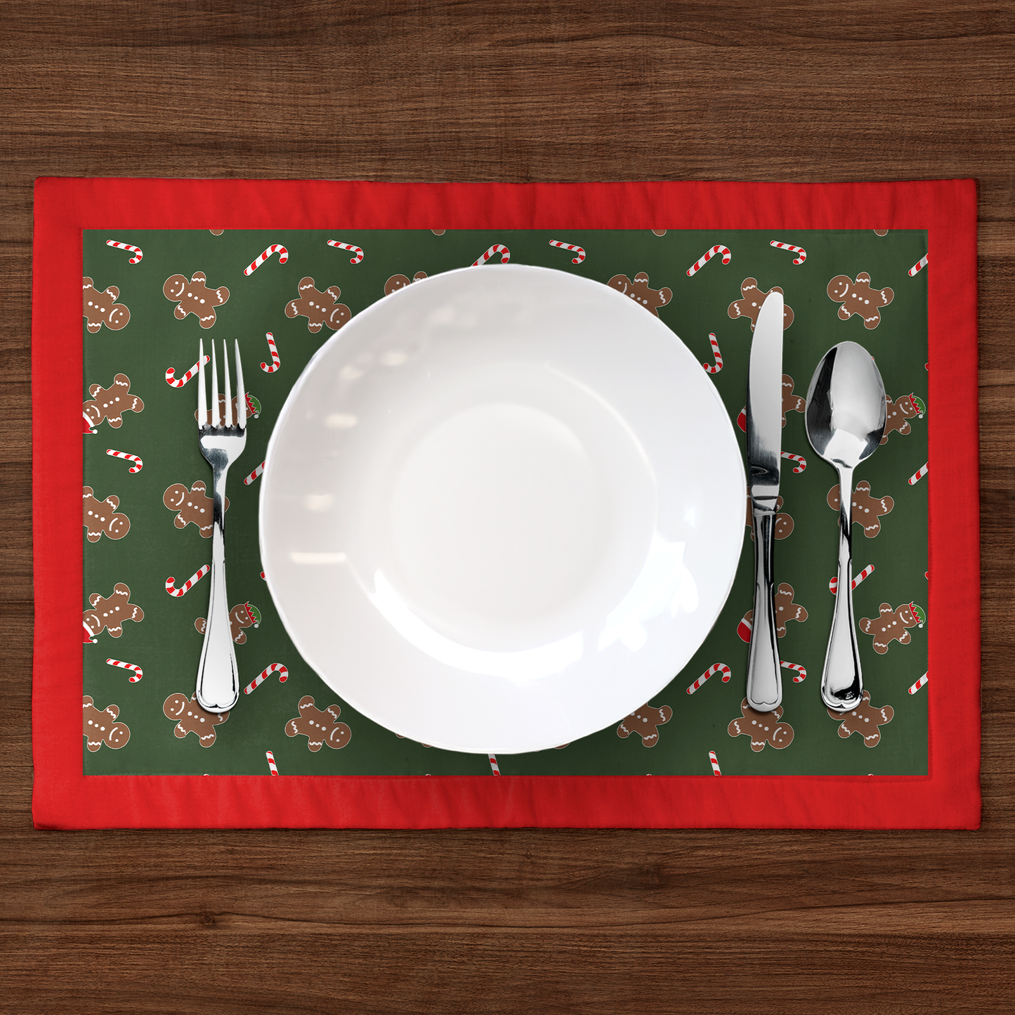 Gingerbread Dudes Placemat in Dark Green with Light Red Border