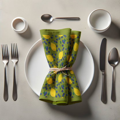 Spring Lemons Napkin in Green in Organic Cotton Voile