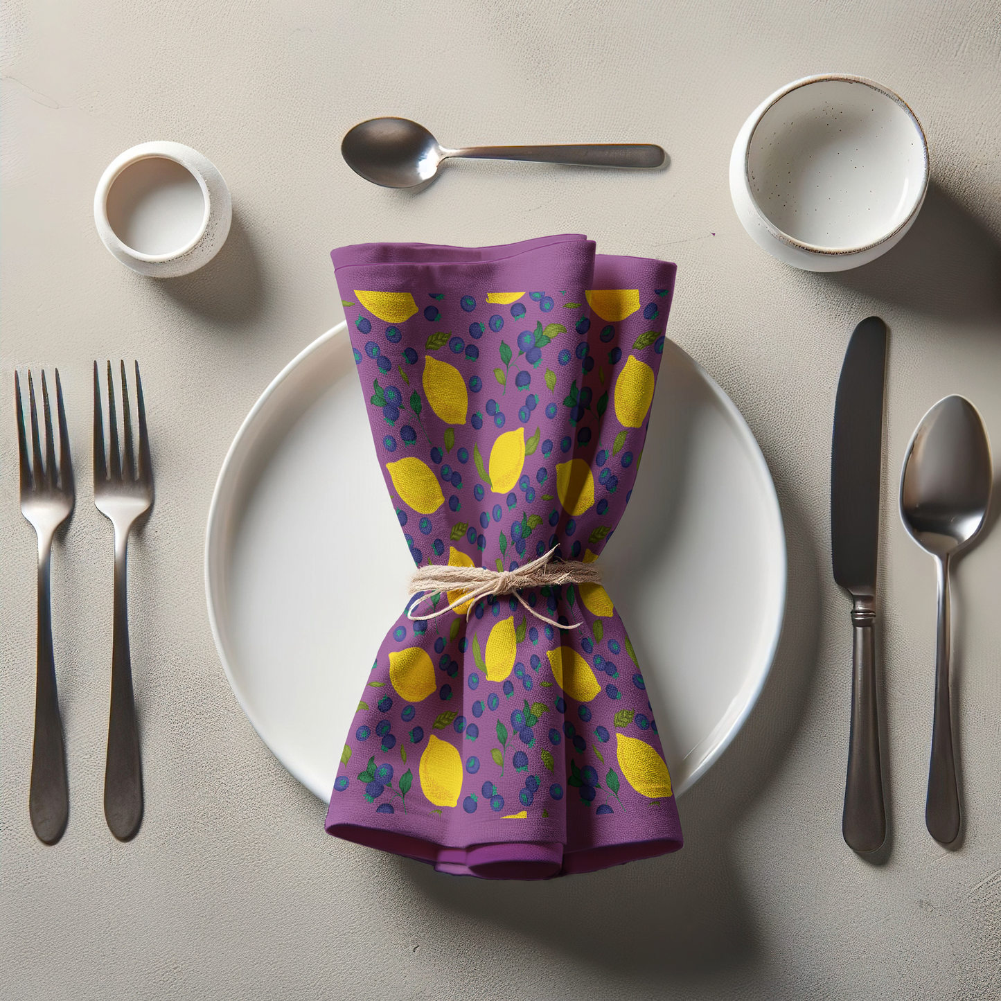 Spring Lemons Napkin in Purple in Lightweight Linen