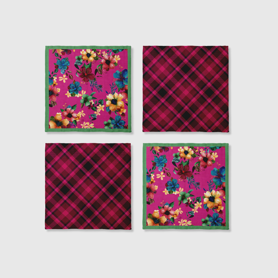 Plaid x Floral Napkins in Pink | Set of 4