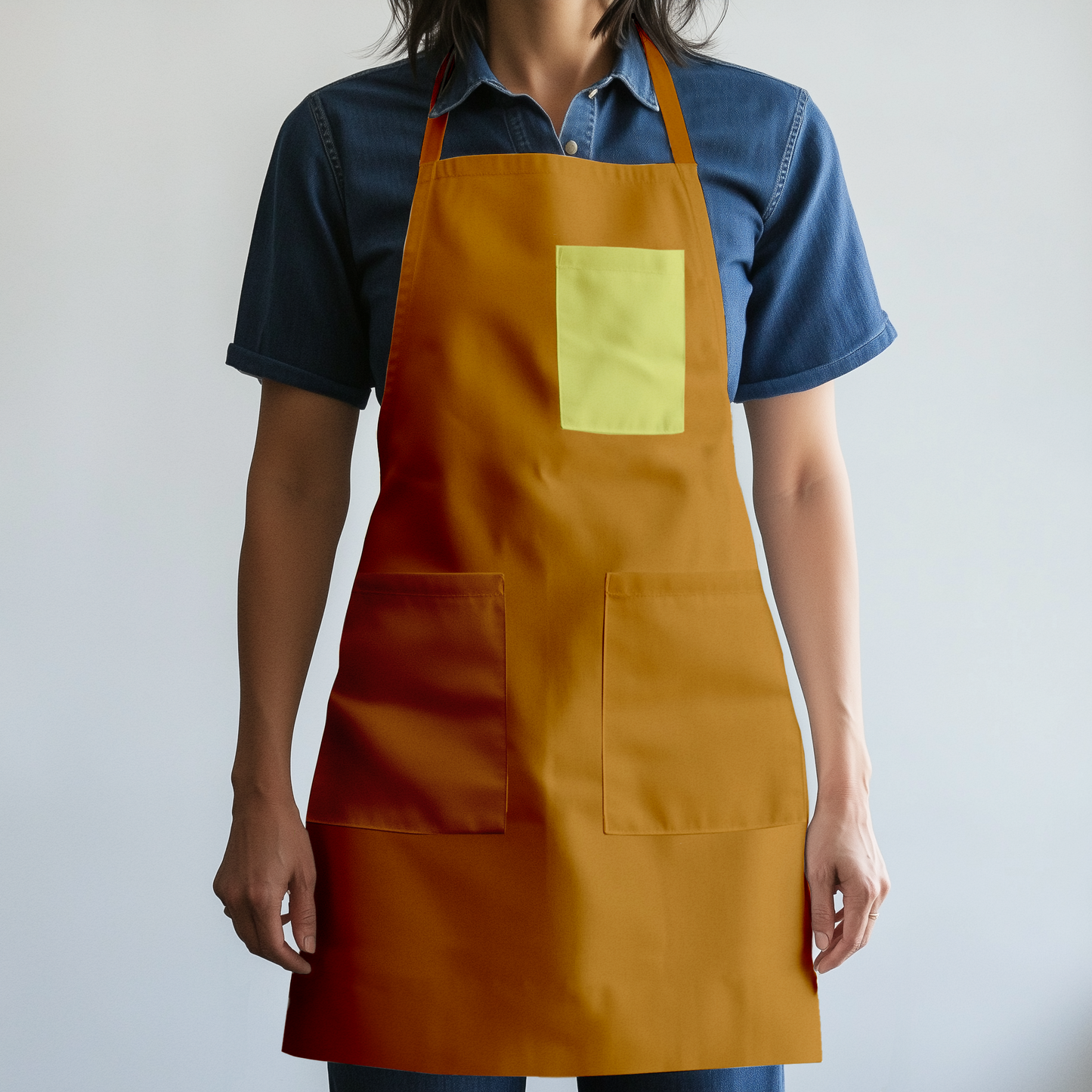 Solid Full Chef Apron in Light Orange with Yellow Pocket