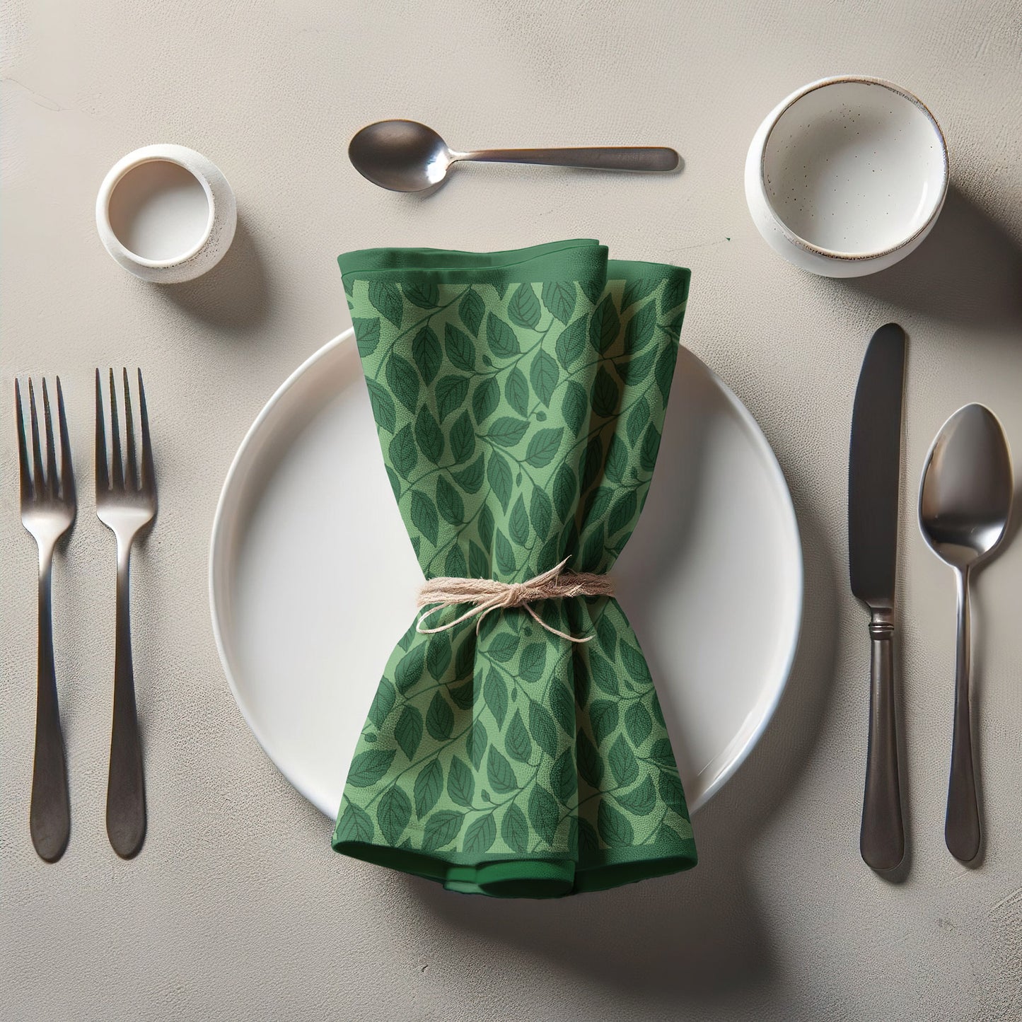 Bowing Birch Leaves in Green Napkin in Lightweight Linen