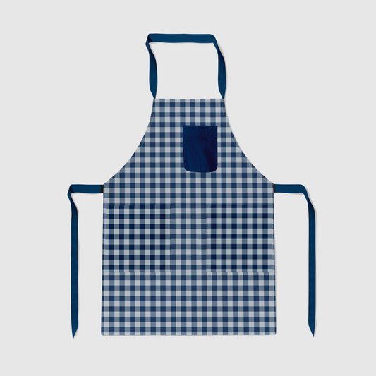 Mini Gingham Full Chef Apron in Navy - Organic Cotton Canvas Mid-Weight