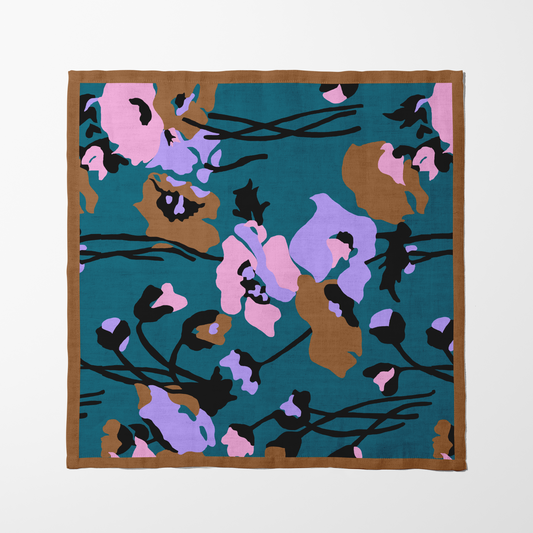 Dini's Teal Floral Napkin in Lightweight Linen
