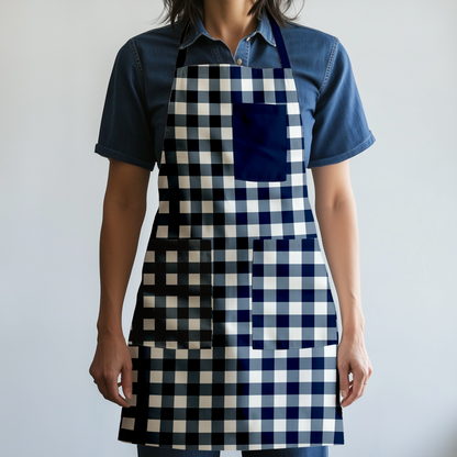 Gingham Full Chef Apron in Navy - Organic Cotton Canvas Mid-Weight