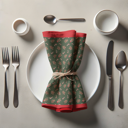 Gingerbread Dudes Napkin in Dark Green with Light Red Border