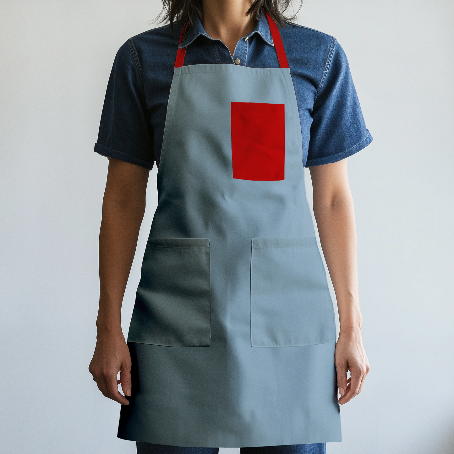 Solid Full Chef Apron in Light Blue with Red Pocket