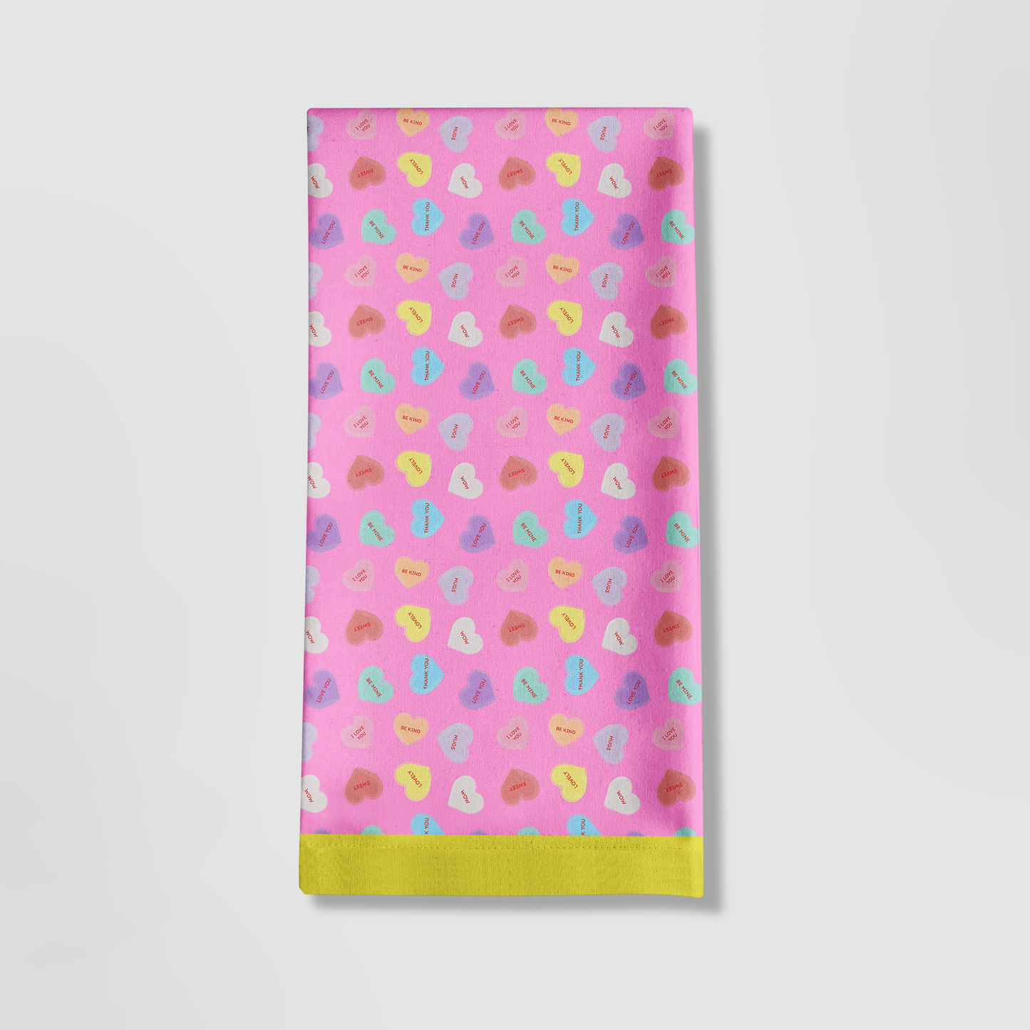 Love Pink Candy Hearts with Laughter Yellow Tea Towel