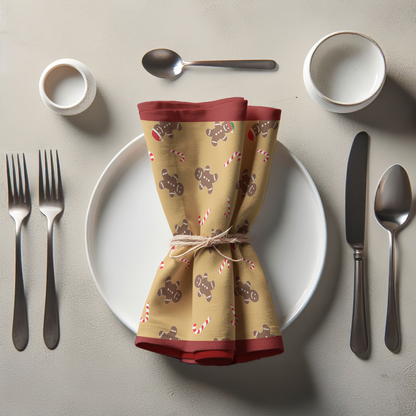 Gingerbread Dudes Napkin in Gold with Dark Red Border