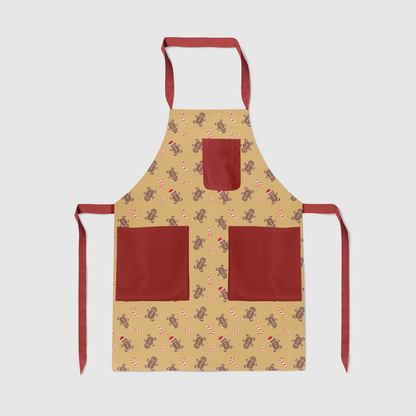 Gingerbread Dudes Full Chef Apron in Gold with Dark Red