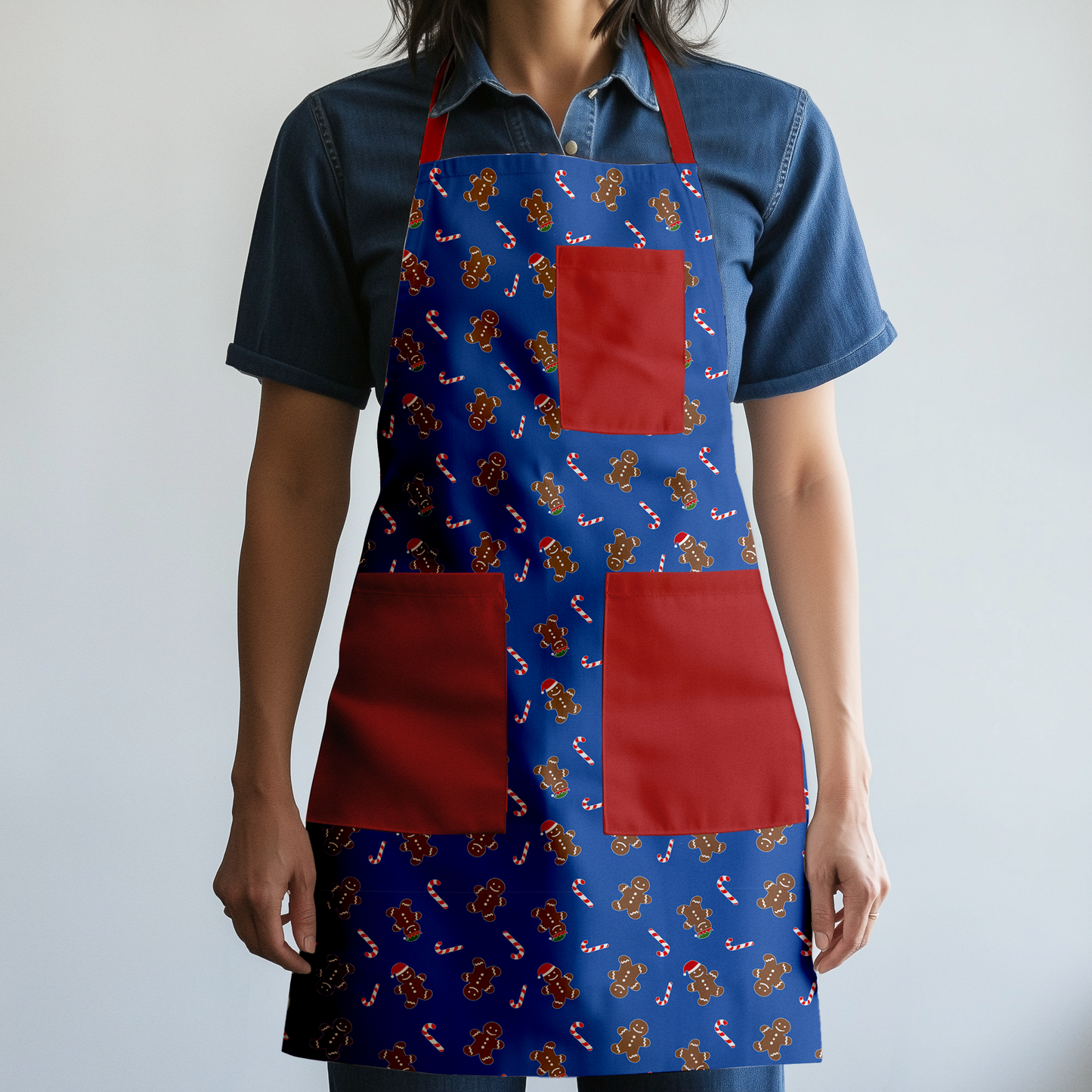 Gingerbread Dudes Full Chef Apron in Dark Blue with Red