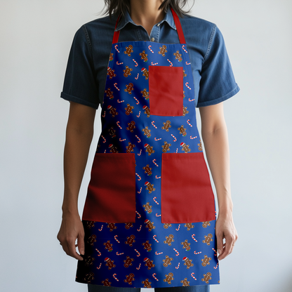 Gingerbread Dudes Full Chef Apron in Dark Blue with Red