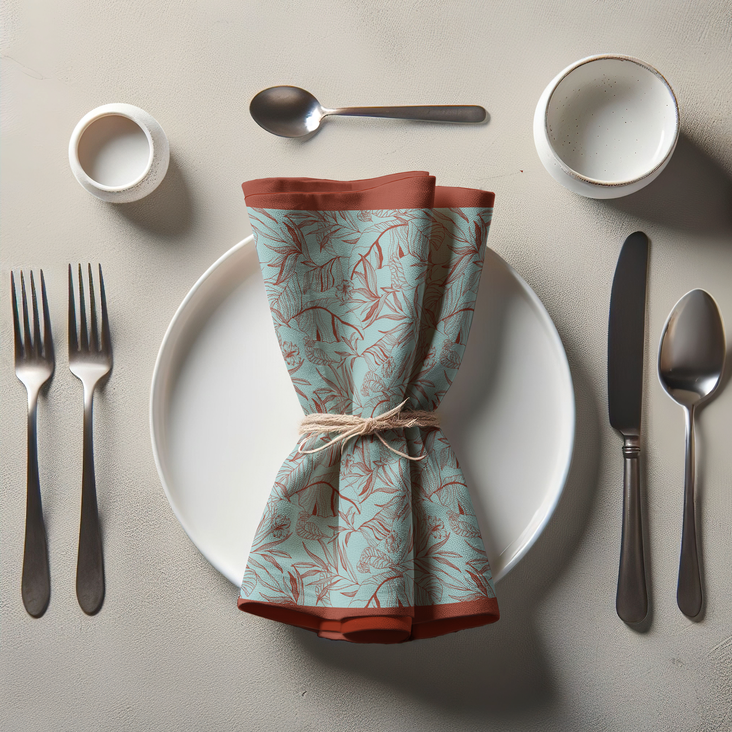 Mint Rust Palms Napkin in Lightweight Linen