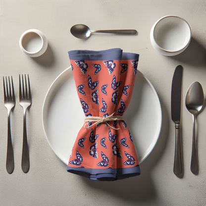 Coral Butterflies Napkin in Organic Cotton Voile