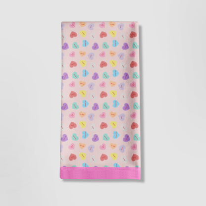 Valentine Pink Candy Hearts with Love Pink Tea Towel