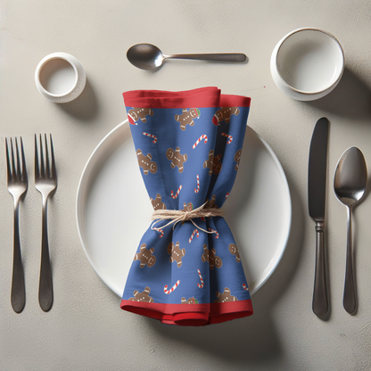 Gingerbread Dudes Napkin in Dark Blue with Light Red Border