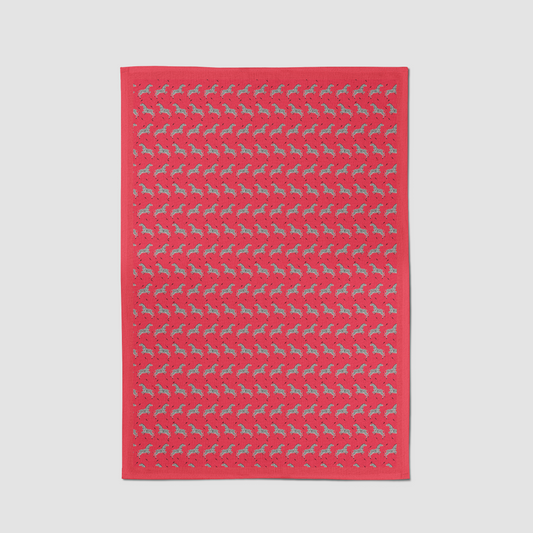 Leaping Zebras Tea Towel in Poppy - Mid Cotton Twill