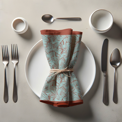 Mint Rust Palms Napkin in Organic Cotton Voile