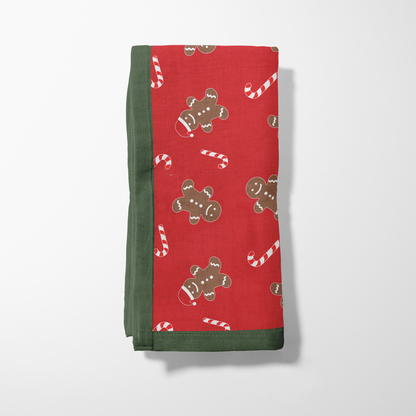 Gingerbread Dudes Napkin in Light Red with Dark Green Border