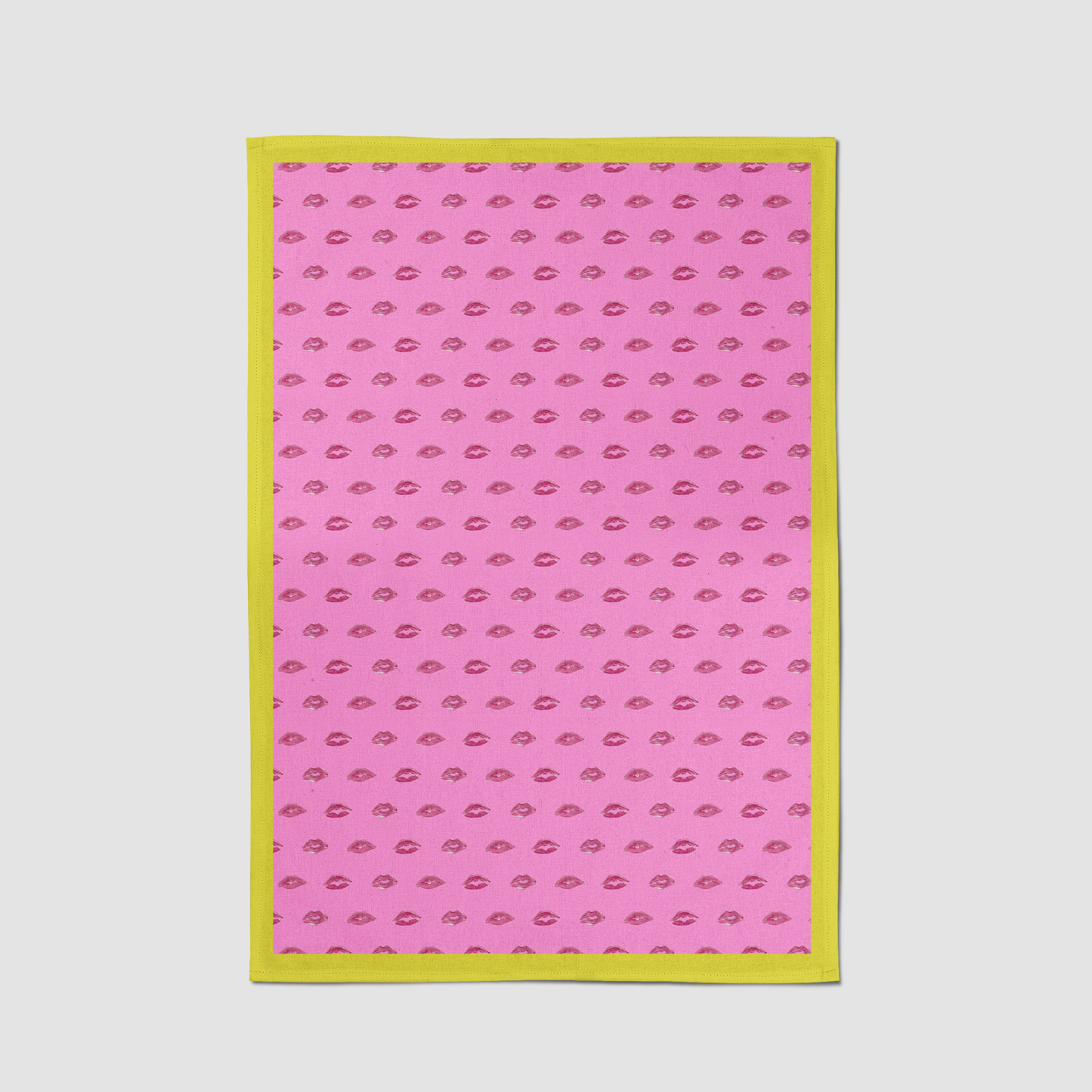 Love Pink Smooch with Laughter Yellow Tea Towel