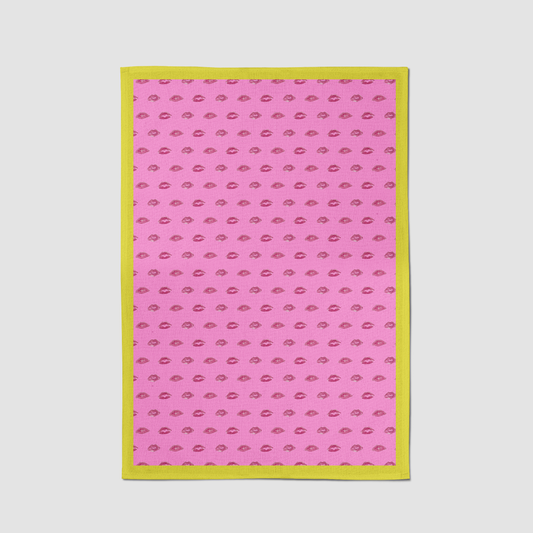 Love Pink Smooch with Laughter Yellow Tea Towel