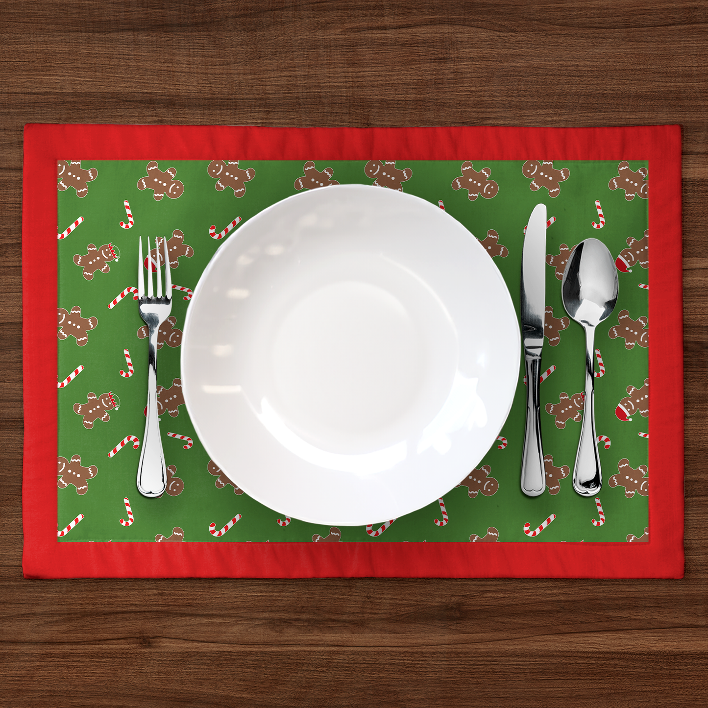 Gingerbread Dudes Placemat in Light Green with Light Red Border