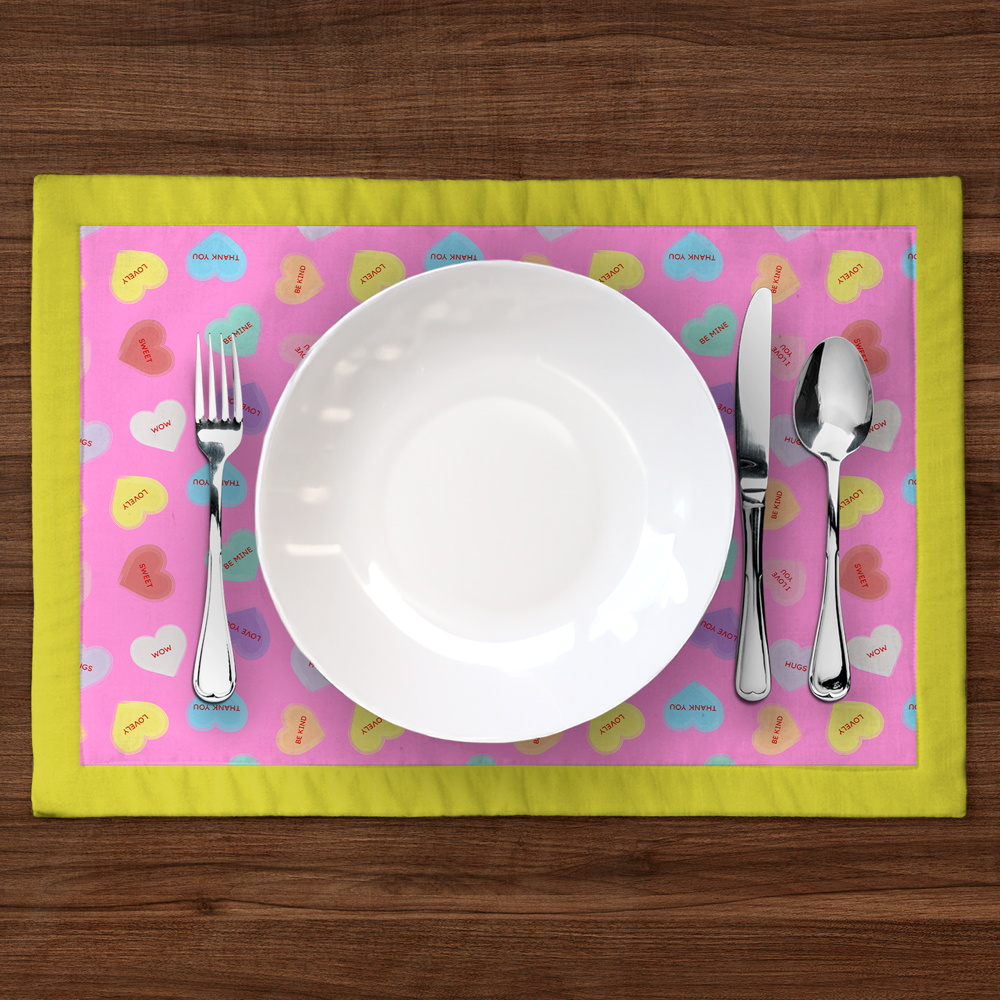 Love Pink Candy Hearts with Laughter Yellow Placemat