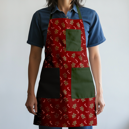 Gingerbread Dudes Full Chef Apron in Dark Red with Dark Green