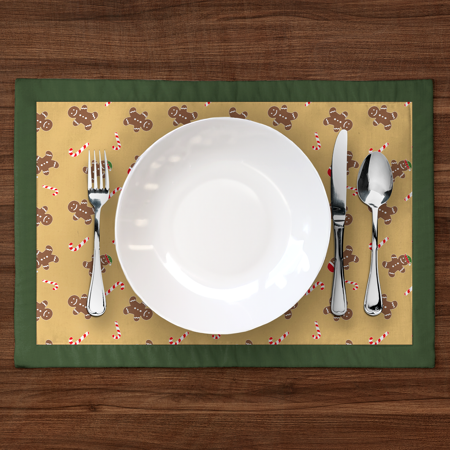 Gingerbread Dudes Placemat in Gold with Dark Green Border