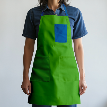 Solid Full Chef Apron in Green with Deep Blue Pocket