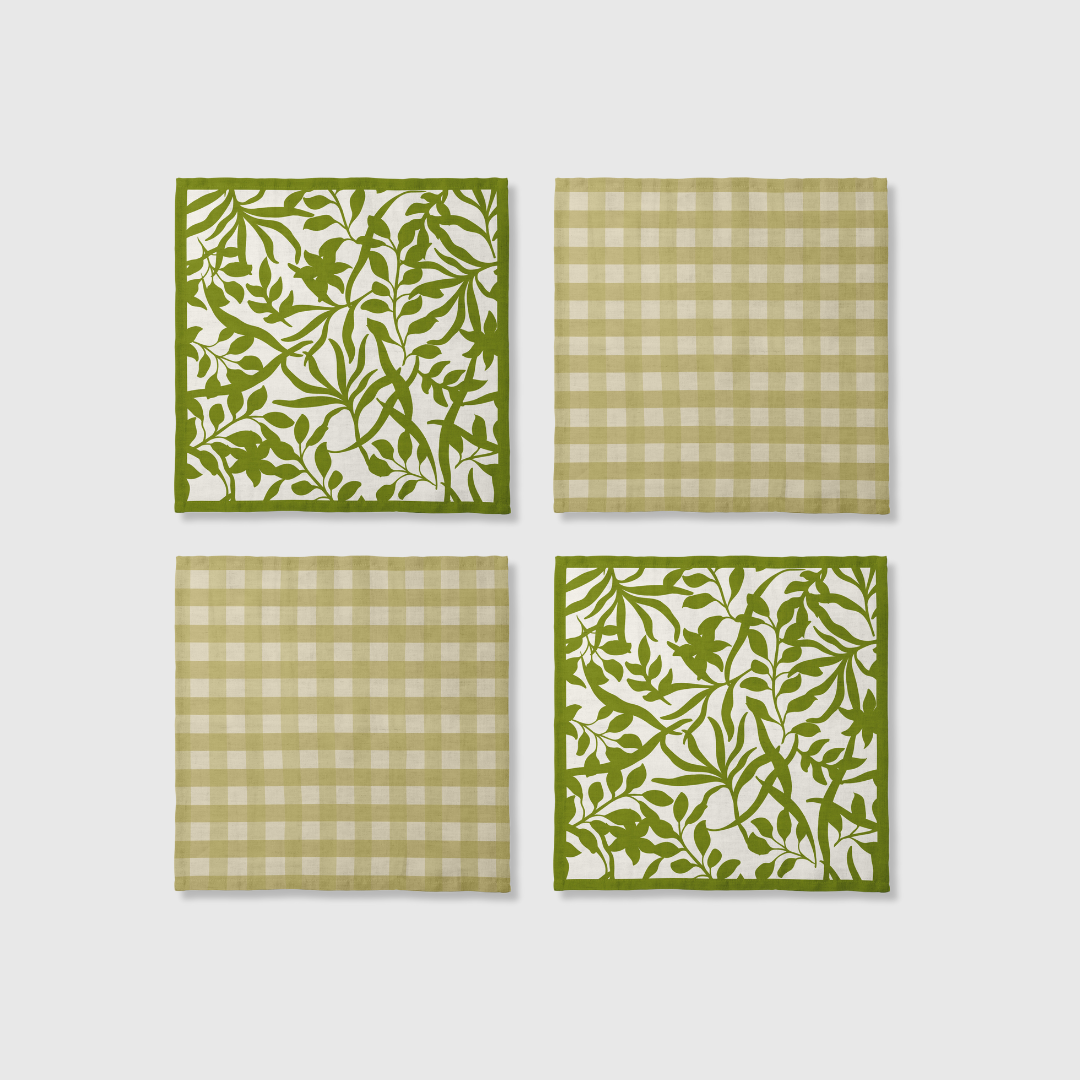 Gingham x Figi Floral Napkins in Green | Set of 4