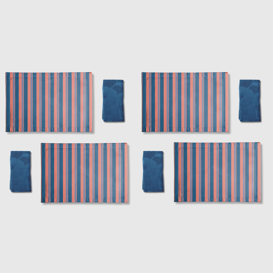 Tropical & Stripes Blue & Pink Placemats & Napkins | Set of 8