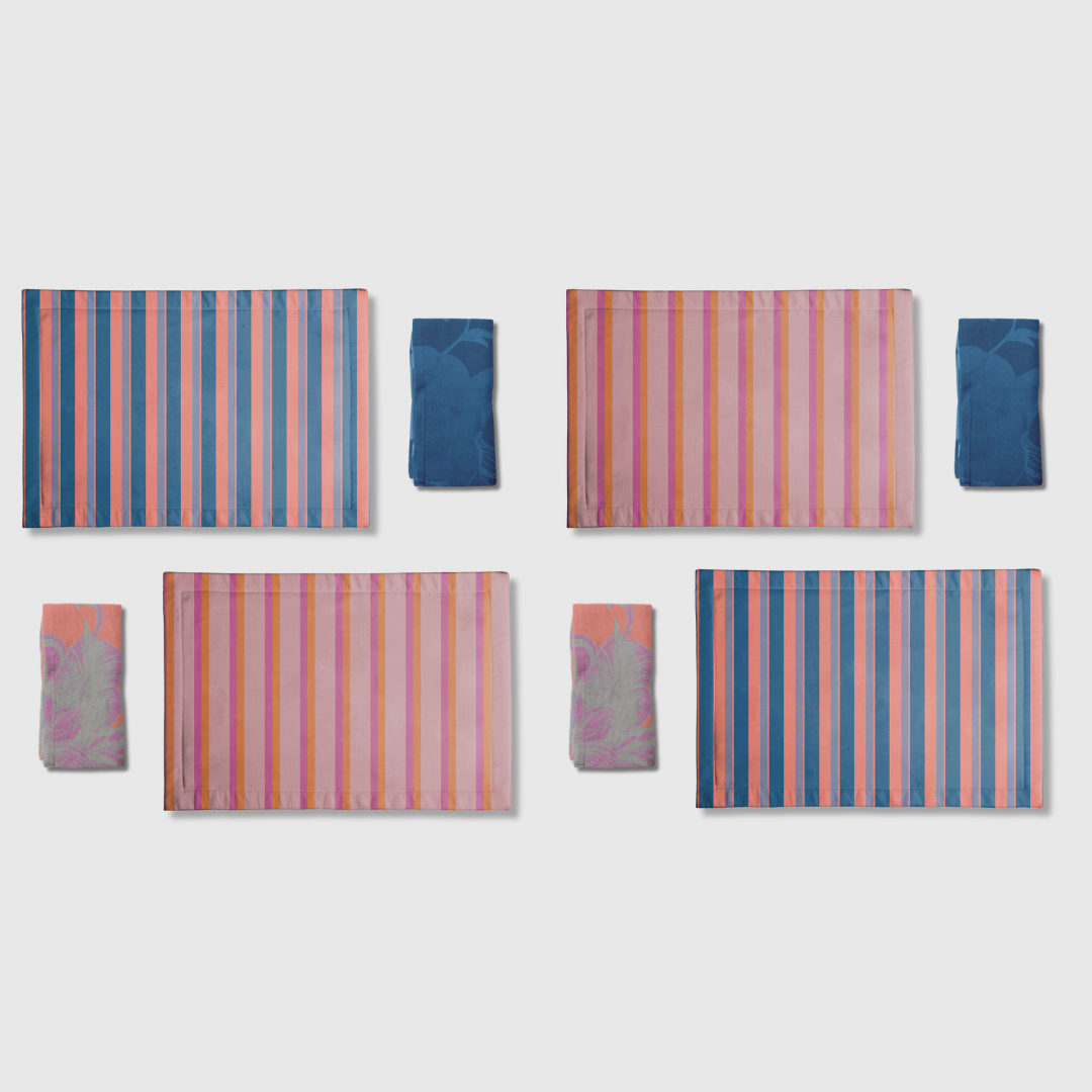 Tropical & Stripes Pink & Blue Placemats & Napkins | Set of 8