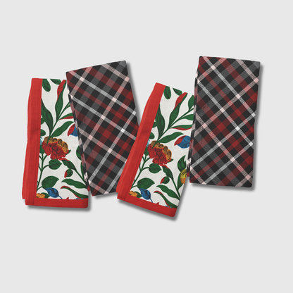 Plaid x Floral Napkins in Red | Set of 4