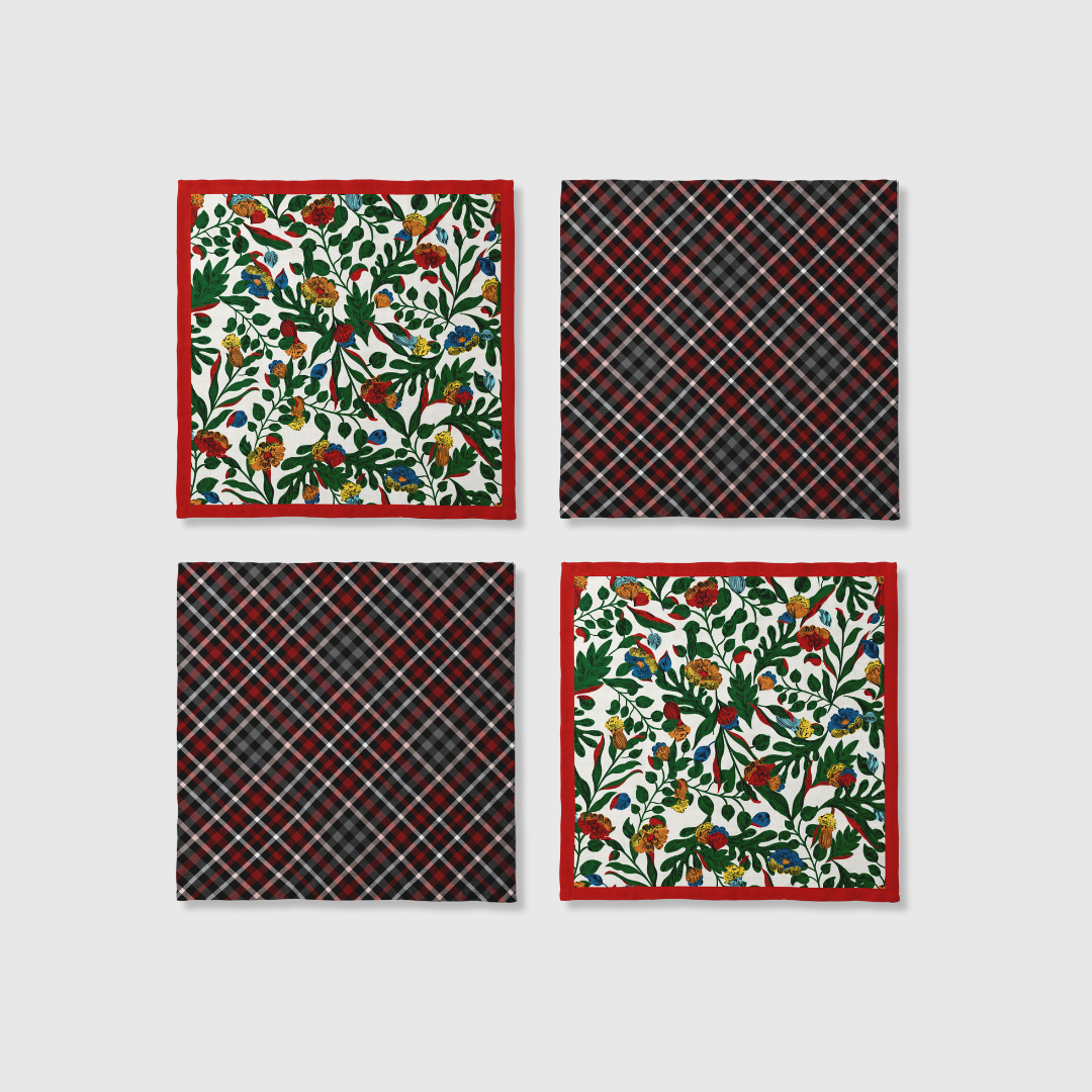 Plaid x Floral Napkins in Red | Set of 4